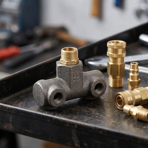 Four Way Pneumatic Connection Block With Beefy Cast Iron Construction And Precision Machined One Half Inch And One Quarter Inch Male Threads For Reliable Sealing In Air Compressor Systems Quick Install And Multidirectional Horizontal Junction on a workbench