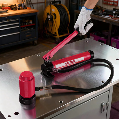 Heavy Duty 10 Ton Hydraulic Knockout Punch Set with pump and hose on metal surface, ideal for conduit and sheet metal work.
