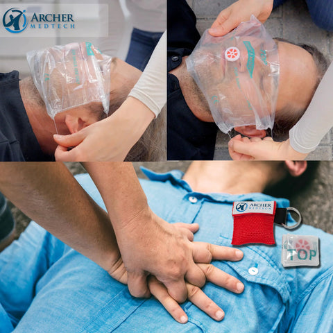CPR face shield mask with one-way valve for pocket/key chain; Archer MedTech, clear plastic shields.