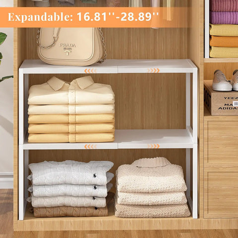 3 Pack Expandable Metal Closet Organizer Shelves Adjustable Stackable Wardrobe Storage Cubes For Clothes Shoes Pantry Quick No Sweat Setup To Ditch The Clutter And Max Out Your Space with folded shirts.