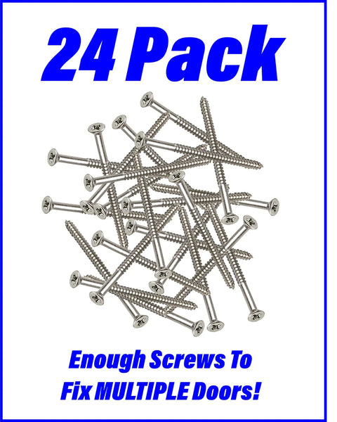 9 By Two And A Quarter Inch Wood Screws Flat Head Phillips Satin Nickel Finish 24 Pack scattered on white background