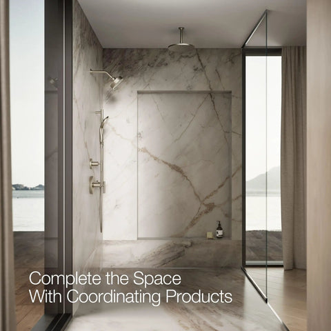 Modern bathroom with Forte Multifunction Hand Shower Head With 3 Spray Modes in marble tiled shower. Glass wall and outdoor view.