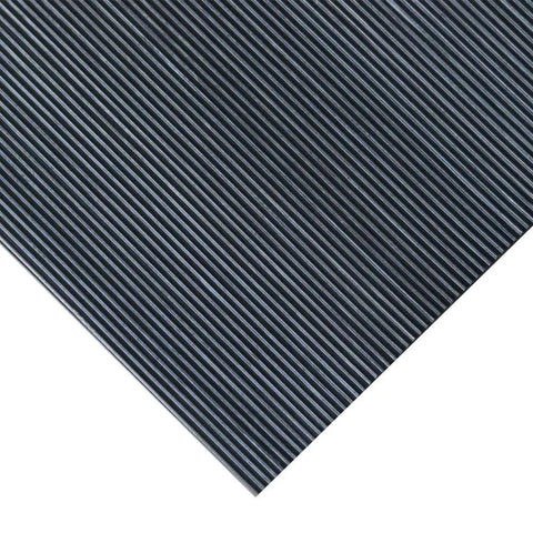 Corner view of Fine Rib Corrugated Rubber Floor Mat Runner 3 Ft By 20 Ft Black No Slip Built Tough Debris Scraper