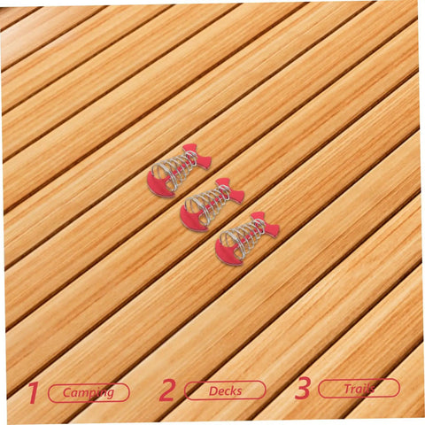 Heavy Duty Adjustable Aluminum Fishbone Tent Pegs And Rope Tighteners on a wooden surface, ideal for camping setup, black and red.