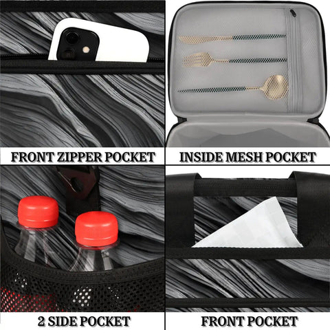 Grey Textured Insulated Picnic Backpack For Women And Men, showing front zipper, inside mesh, side, and front pockets details.