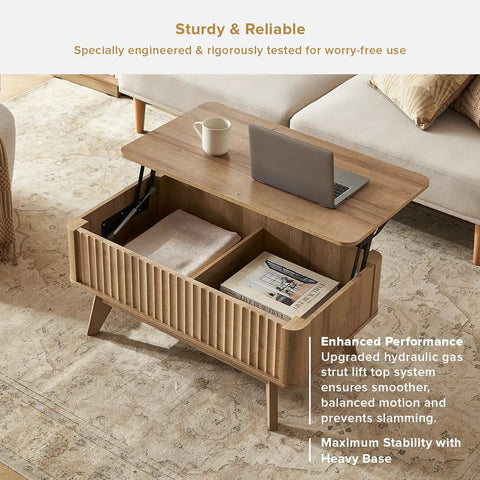 Lift Top Coffee Table With Hidden Storage, Mid Century Modern Farmhouse Design, Fluted Oak Finish with open storage.