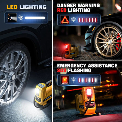 Cordless Tire Inflator With Digital Pressure Gauge, 160 PSI Portable Handheld Air Pump For On The Go Inflation, Works With Dewalt 20V Batteries, demonstrating LED lighting and emergency SOS features