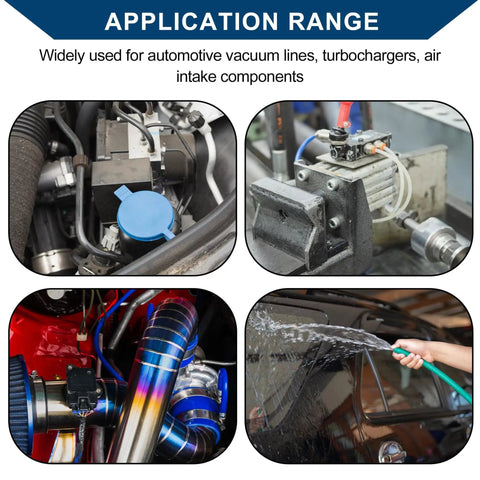 Application range for Beefy Silicone Vacuum Hose High Temp Automotive Vacuum Line Three Point Three Feet Long Twelve Millimeter Inner Diameter Three Point Five Millimeter Thick Black with various engine components.