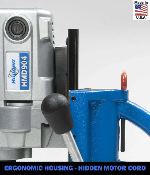 Hougen HMD904 115-Volt magnetic drill, side view; silver housing, blue frame, red knob