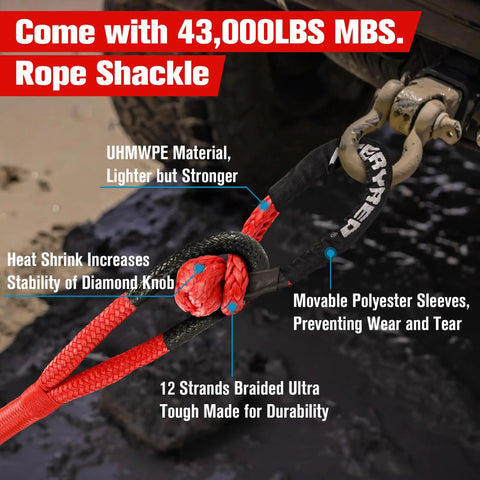 Trail Ready Kinetic Recovery Rope Kit With Two Heavy Duty Synthetic Soft Shackles And Storage Bag One Inch By Thirty Foot Snatch Strap, showing a close-up of the UHMWPE rope shackle and braided material.