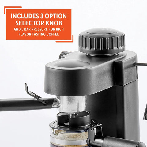 Straight Up Home Barista Vibes With This Compact 4 Cup Electric Espresso And Cappuccino Maker Featuring A Durable Milk Frothing Pitcher For Quick Daily Grind Sessions, showcasing the option selector knob and brewing mechanism.