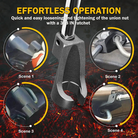 Effortless operation of 19mm socket wrench showing scenes of loosening union nuts for fuel lines on heavy equipment.