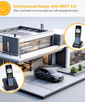 Top Shelf Five Handset Landline Phone System That Straight Up Blocks Spam Calls with DECT 6.0 showcased outside a modern home.