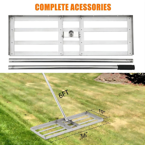 36 Inch Lawn Leveling Rack With Adjustable 72 Inch Handle Stainless Steel seen disassembled and on grass.