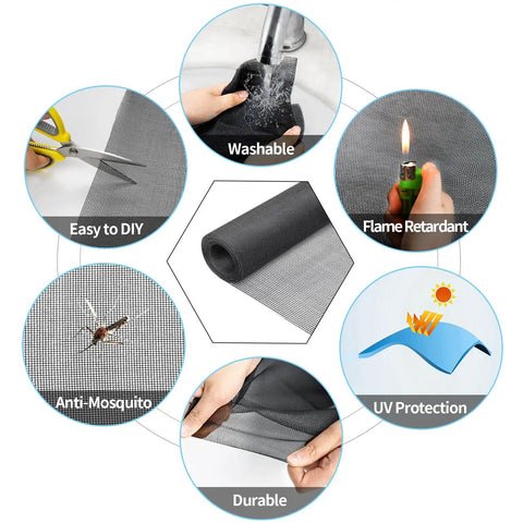 DIY Window Screen Replacement Mesh For Windows Doors And Patio, Adjustable Fiberglass Screen Roll features and benefits illustration.