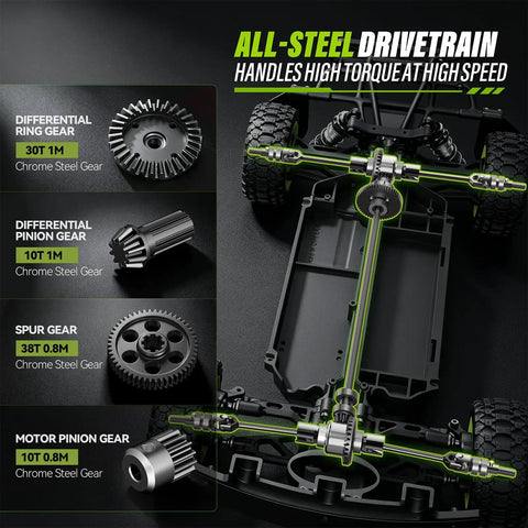 Diagram showing the drivetrain components of the One Twelfth Scale RC Short Course Truck With Gyro And Center Differential For Adults.