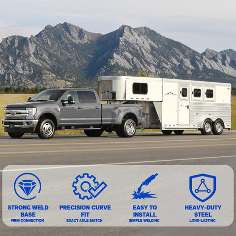 Truck towing trailer demonstrating 4 Pack Trailer Axle Spring Perch Seats for 3 inch round axles, heavy duty steel weld on