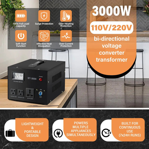 Beefy Step Up Down Voltage Transformer Converter with Built In Meter, Circuit Breaker Protection, on kitchen counter.