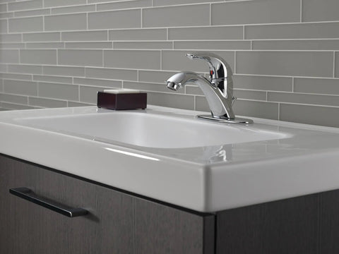 Classic Single Hole Chrome Bathroom Faucet With One Handle on modern sink with gray tile backdrop