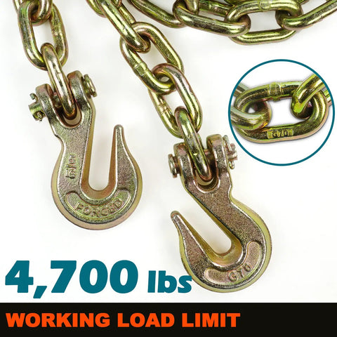 G70 Five Sixteenth Inch Ten Foot Transport Chain With Clevis Hooks For Cargo Securement, Heavy Duty Two Pack, Rated Load 4,700 Lb, Breaking Strength 18,800 Lb, Yellow Zinc Finish