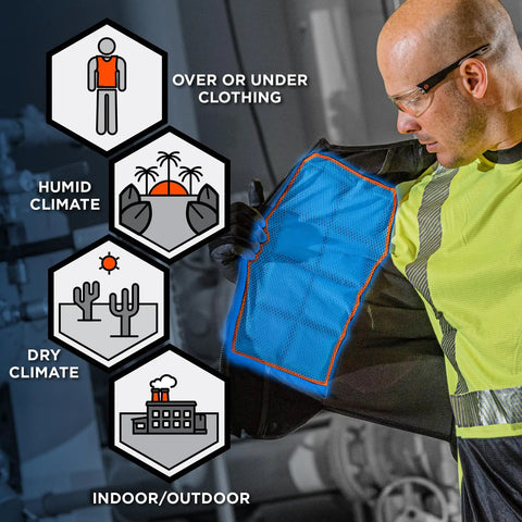 Man adjusting Cooling Vest With Four Ice Packs, Ultra Lightweight, Fast Recharge Cooling, Black, Small Medium, on job site