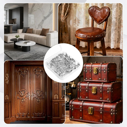 One Hundred One Piece Heavy Duty Upholstery Tacks Set Featuring Smooth Silver Flat Tops And Sturdy Storage Container Built Tough For Sofa Reupholstering Headboard Trim And Diy Home Makeover Projects, shown with a modern living room and vintage decor.