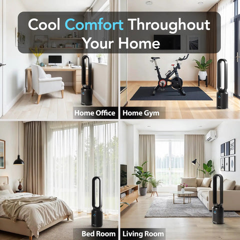 40 Inch Bladeless Tower Fan For Bedroom With Remote Control in home office, gym, bedroom, and living room settings