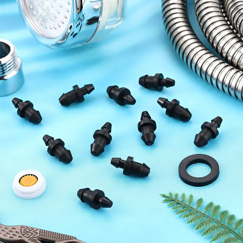 100 Pack One Quarter Inch Drip Irrigation Plugs With Barbed End Caps on blue background, hose fittings visible