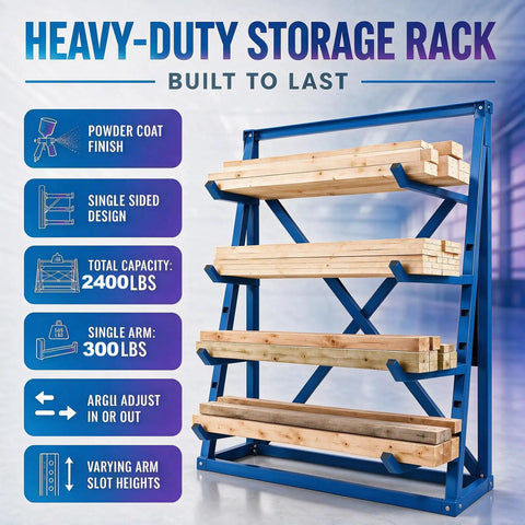 Rugged 8 X 20 Adjustable Arm Lumber Rack Four Tier Cantilever Wood Storage Organizer Waterproof Steel Shop Shelf Built To Crush Your Daily Grind And Save Space showing heavy-duty design and adjustable arms.