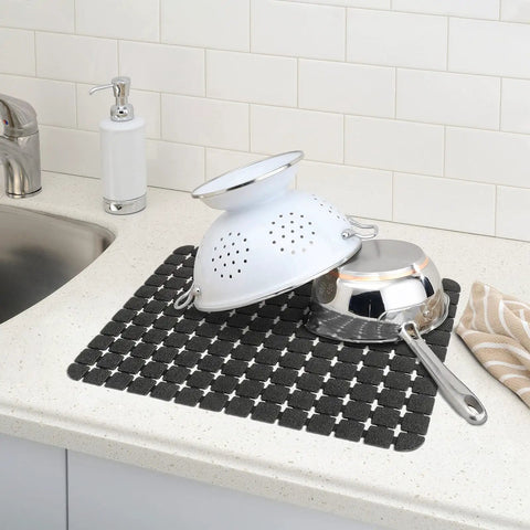 Two Pack Extra Large PVC Sink Mats Measuring 15.7 By 11.8 Inches For Stainless Steel And Porcelain Sinks Quick Dry Dish Drying Mats No Slip Grippy Protective Kitchen Sink Mat Set Black with kitchenware drying