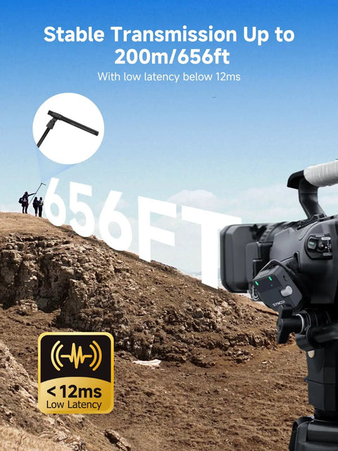 D2 Wireless Shotgun Microphone with Hypercardioid Condenser Pickup shown on camera, 200m range and 12ms latency display.