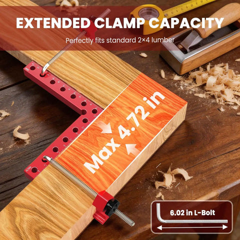 Four Pack 5.5 Inch Aluminum Right Angle Clamps For Woodworking With Spreader Positioning Squares And 6 Sided Scales showing clamp capacity