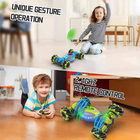 Children playing with gesture sensing RC stunt car using 2.4G remote and hand motion control.