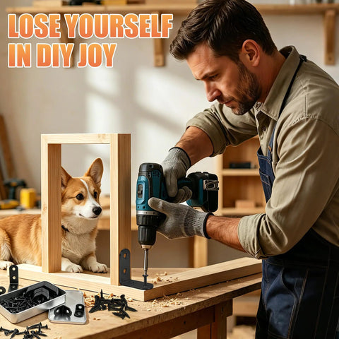 Person using a drill with Heavy Duty L Brackets Corner Braces Kit, 20 Piece Stainless Steel Angle Supports for DIY projects.