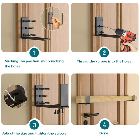Heavy Duty Adjustable Door Barricade Brackets Forged From Solid Steel installation steps on a wooden door.