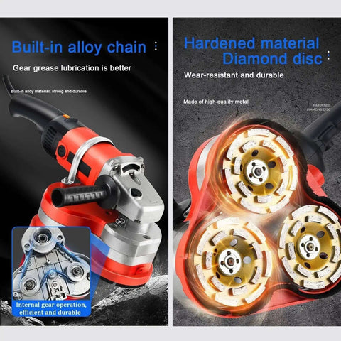 Ironclad Workhorse 3000W Electric Angle Grinder And Wall Sander With Extended Rod And Six Speed Concrete Milling Tool, close-up of alloy chain and diamond disc.