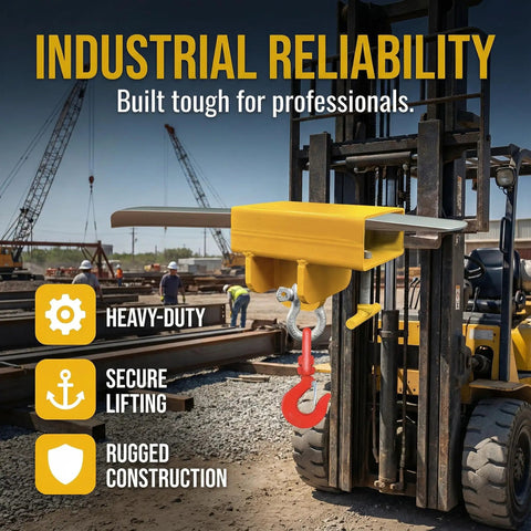Heavy Duty Forklift Lifting Hook Attachment With 5500 Lbs Capacity, rugged steel build attached to forklift on job site.