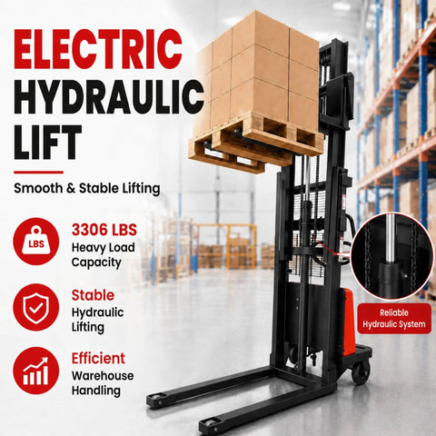 Rock Solid 3306 Lbs Semi Electric Pallet Stacker lifting a pallet of boxes in a warehouse with smooth hydraulic system.