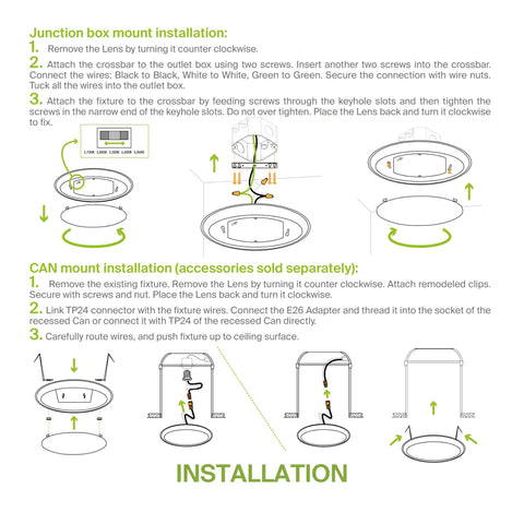 Installation guide for 6 Inch LED Disk Lights, Dimmable, 15W, 5CCT 2700K-5000K, 1245 Lumens, CRI 90+ with junction box and can mount options