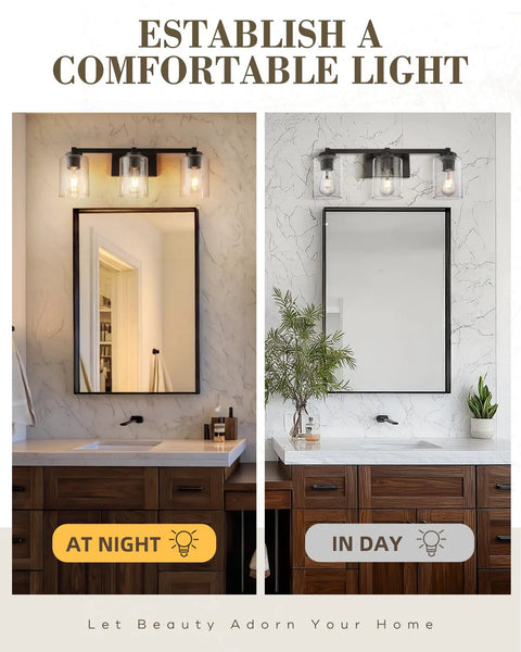 3 Light Vintage Style Vanity Light Fixture for Bathrooms in Oil Rubbed Bronze With Clear Seeded Glass lit at night and day