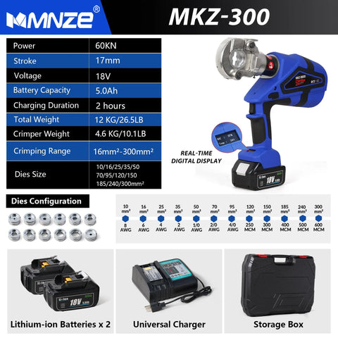 Straight Up Electric Hydraulic Cable Lug Crimper Pliers MKZ-300 with digital display and battery for heavy duty wire termination.
