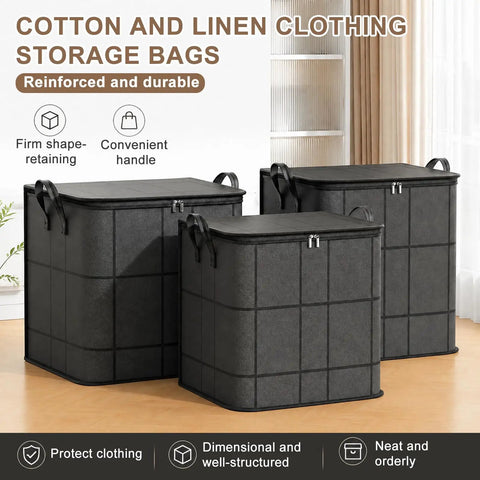 Kick Clutter To The Curb Two Pack Of XXL Foldable Moving Bins With Heavy Duty Reinforced Handles For Straight Up Durability Large Capacity Clothes And Blanket Storage in black linen.