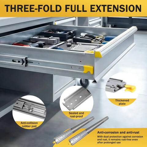 Heavy Duty Locking Drawer Slides 76 Inch Full Extension With Noiseless Bearings, 500 Lb Capacity Industrial Rail shown in full extension