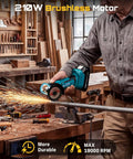 Person using Cordless Mini Angle Grinder 3 Inch Brushless, 19000 RPM, 21V 2.0Ah Batteries, 7 Cutting Discs, 210W Power on metal