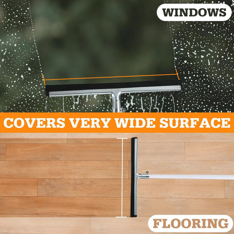 4 Pack Double Foam Floor Squeegee For Concrete And Industrial Floors, Heavy Duty Stainless Steel Scrubber With EVA Foam Blade, 18 Inch Wide, shown cleaning windows and flooring.