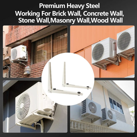 Beefy Outdoor Split AC Mount Bracket installed on various wall types, showcasing compatibility with 7000-18000 BTU units.