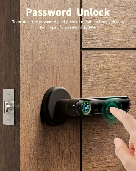 Hand using fingerprint on 3-In-1 Fingerprint Smart Door Lock With Keypad And Mechanical Key, No Key Hassle Lever Entry for home office
