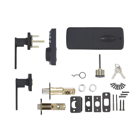 Contemporary Electronic Keypad Door Lock With Matte Black Hardware designed for hassle free keyless entry deadbolt installation, parts laid out.