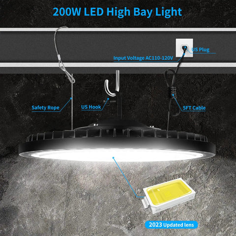 UFO LED High Bay Light 200W 5000K IP65 With US Plug showing mounting details and connections
