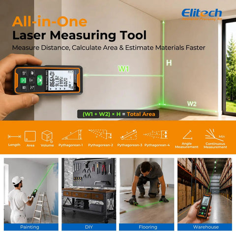 Professional Green Laser Distance Meter With Self Calibration And Dual Power Configuration Offers Dead On Precision Up To 344 Feet measuring in a room.